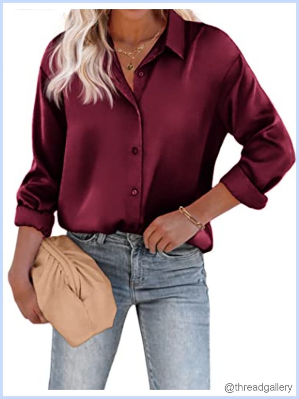 Satin Silk Button Down Blouse Long Sleeve V-Neck Tunic Work Top